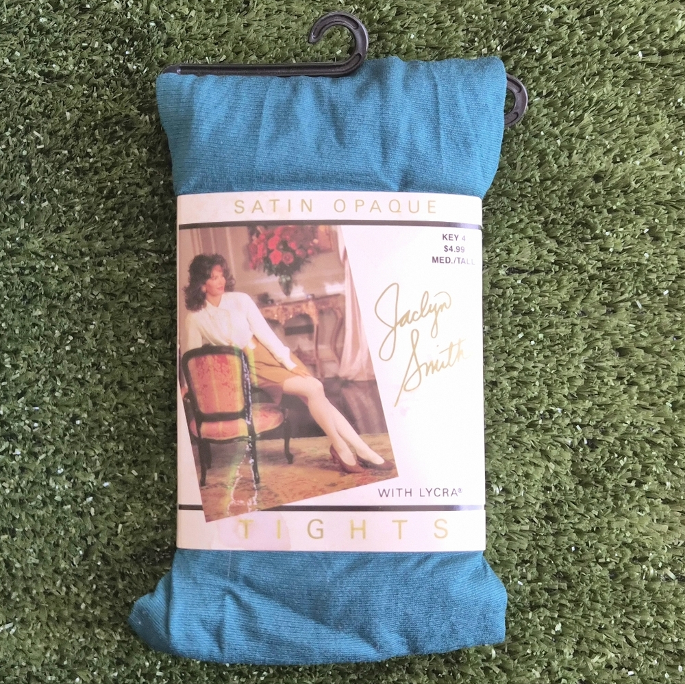 Jaclyn Smith Satin Opaque Teal Cyan Tights Medium Deadstock Twee Mod Colorblock